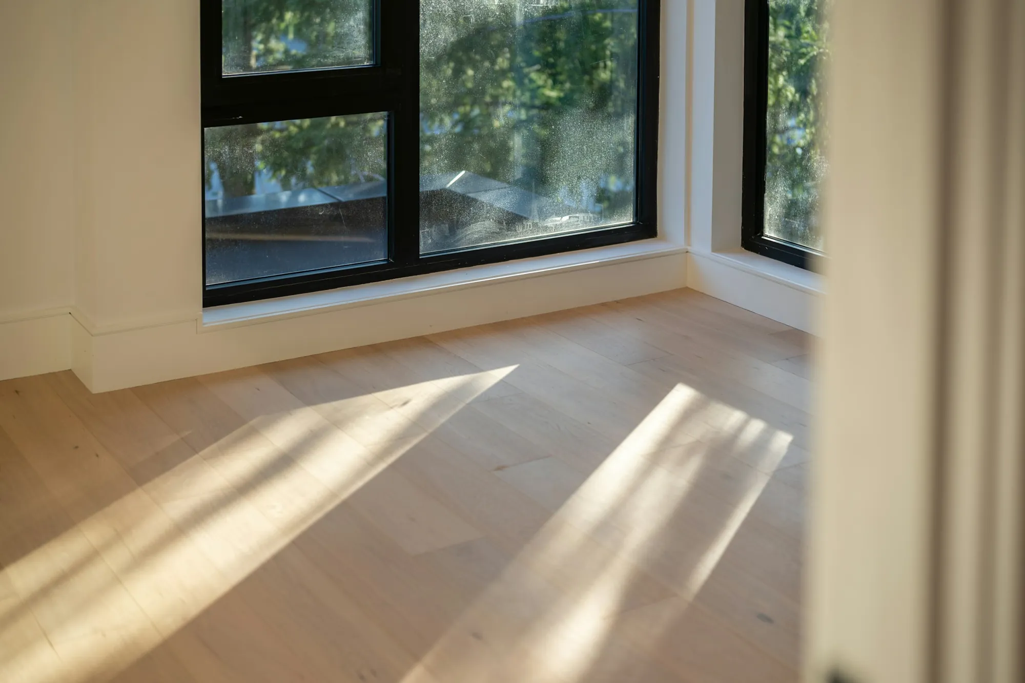 Sunlight across wide, light oak floorboards